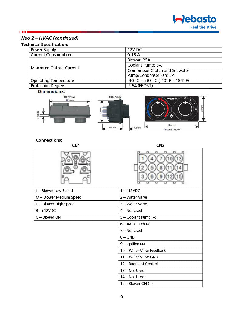 Webasto NEO 2 HVAC Control Panel Assembly 5012813B