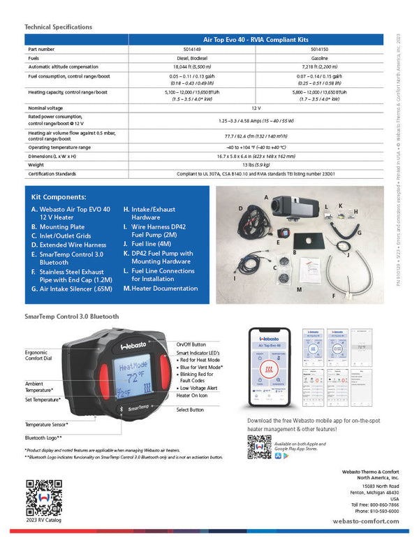Webasto Air Top EVO 40 12v 4kW Diesel Heater Smartemp 3.0BT High Altitude  5014149A