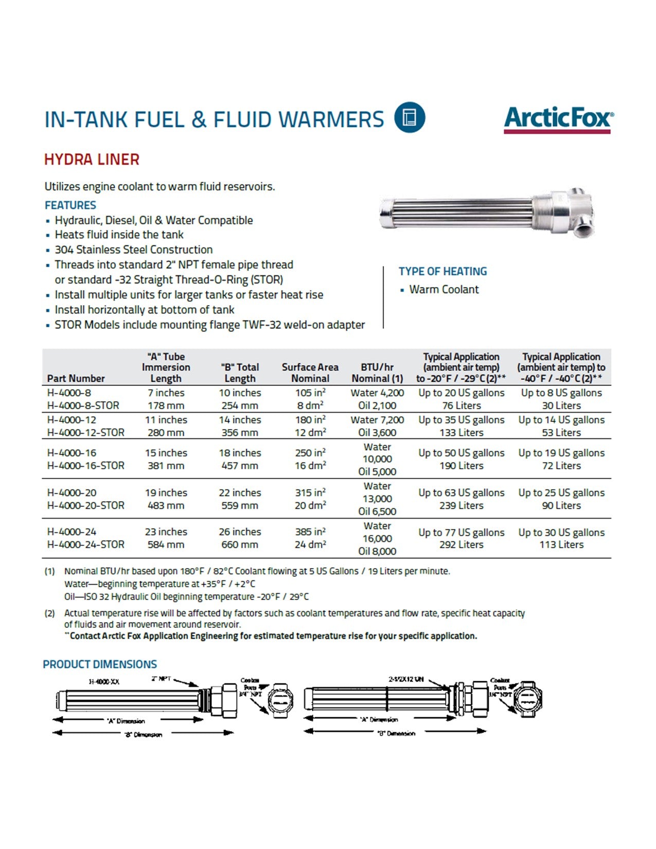 Arctic Fox Hydra Liner In-Tank Fluid Warmer H-4000-12