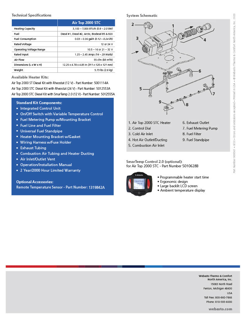 Webasto Air Top 2000STC 12v 2kW Diesel Heater Kit CO2 Adjusted 6400' 90-3-0031